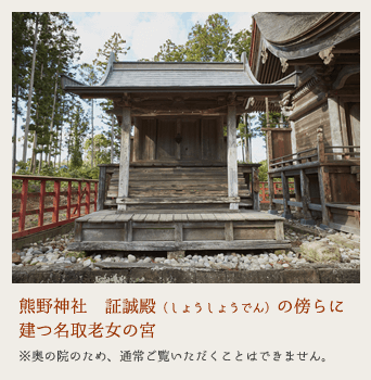 熊野神社　証誠殿（しょうしょうでん）の傍らに建つ　名取老女の宮